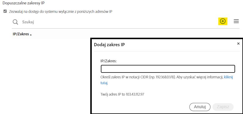 Element sterujący „Zezwalaj na zakresy IP” wyświetlający pole wprowadzania.