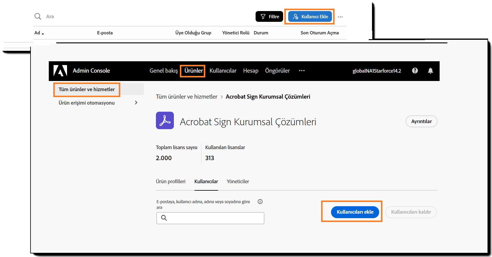 XXX vurgulu şekilde Kullanıcılar sayfası