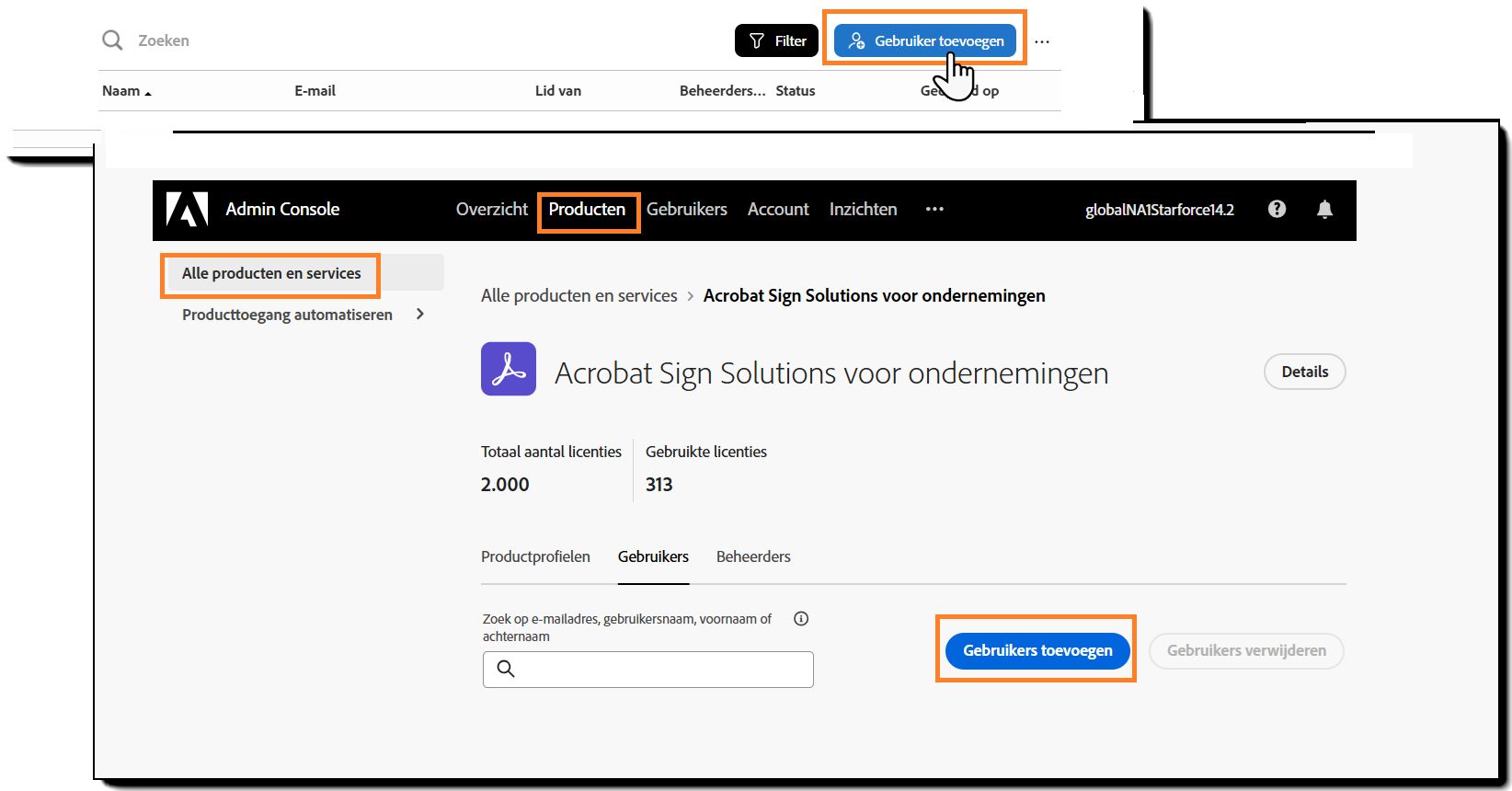 De pagina Gebruikers met de XXX gemarkeerd