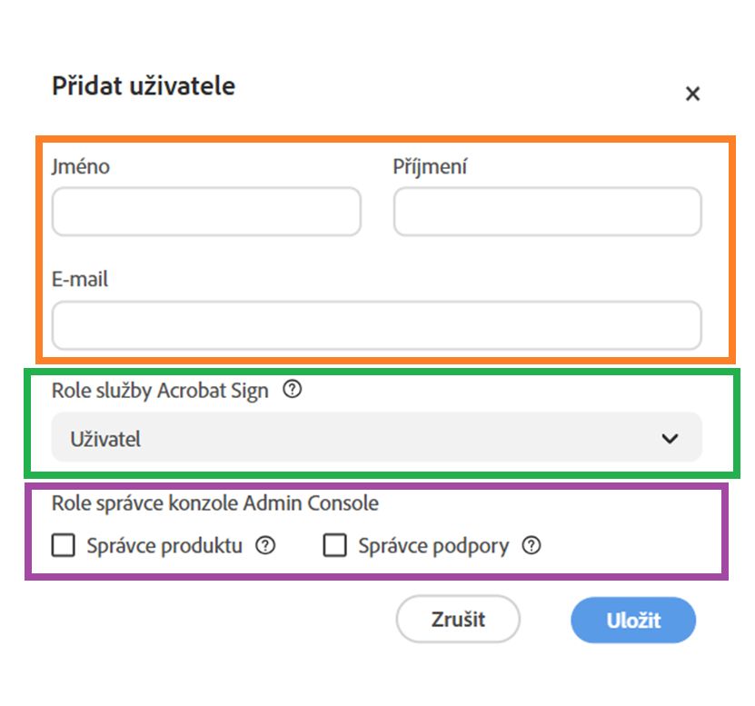 Panel Přidat uživatele.