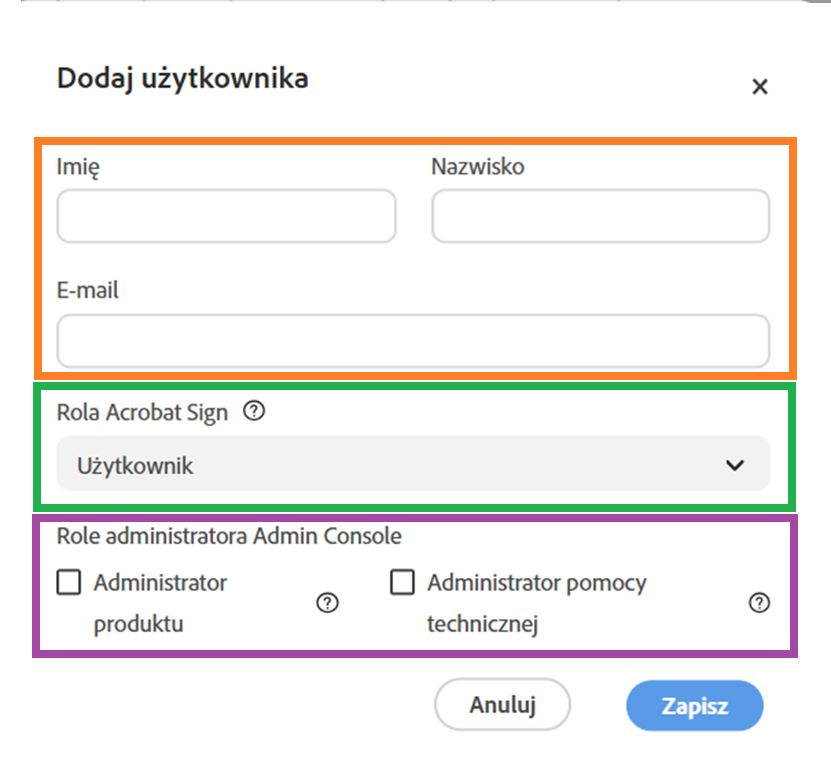 Panel Dodaj użytkownika.