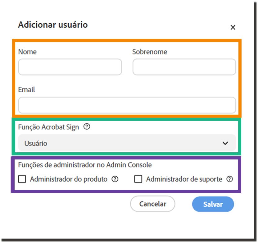 O painel “Adicionar usuário”.