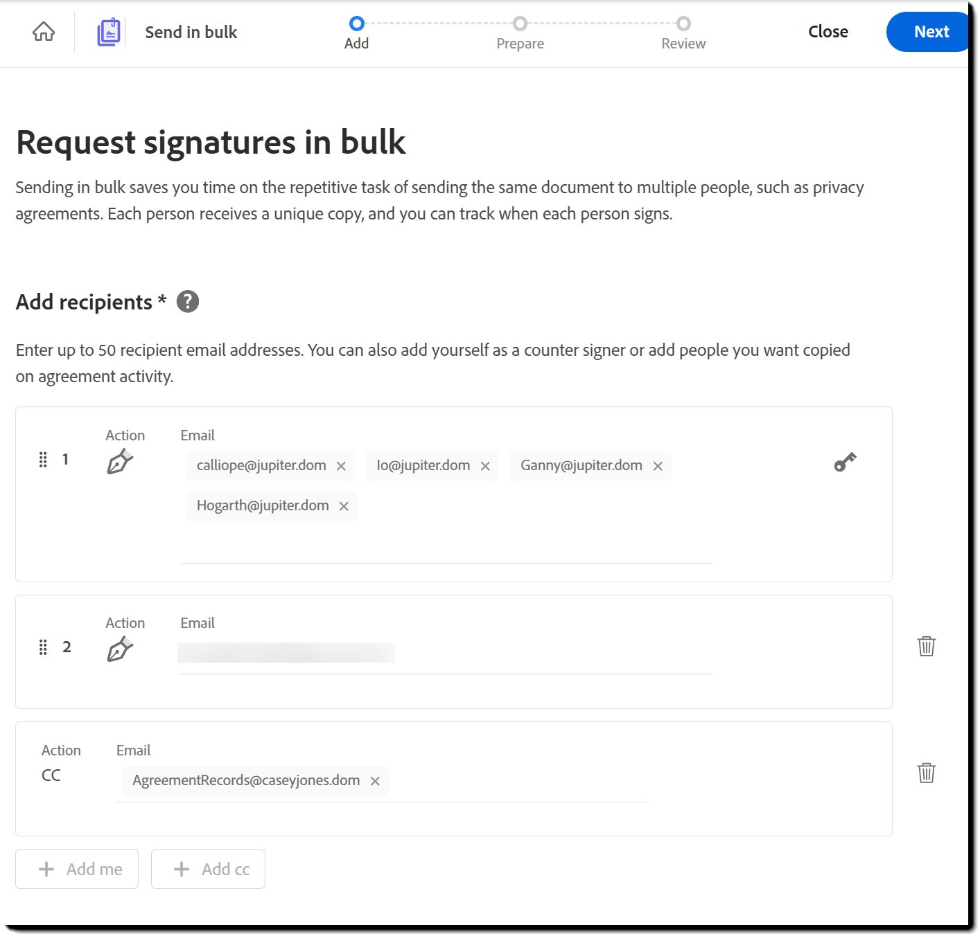 Het sjabloon Bulkverzending met de gemarkeerde sectie &quot;Ontvangers toevoegen&quot;