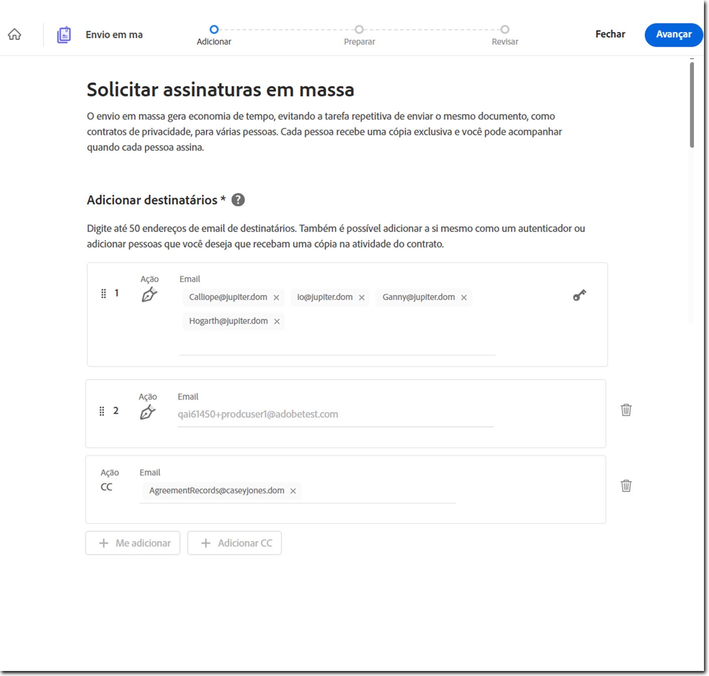 O modelo Enviar em Massa com a seção &quot;Adicionar destinatários&quot; destacada