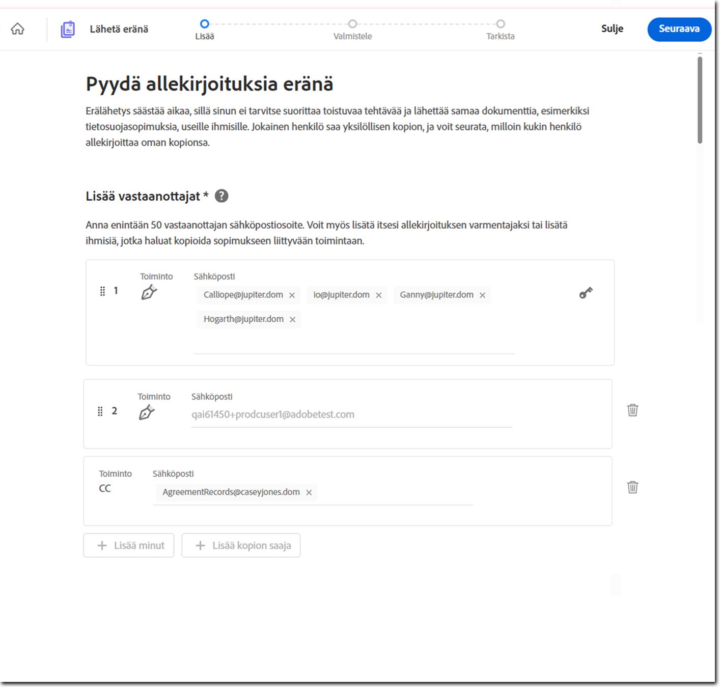 Erälähetys-malli, jossa &quot;Lisää vastaanottajat&quot; -osio on korostettuna
