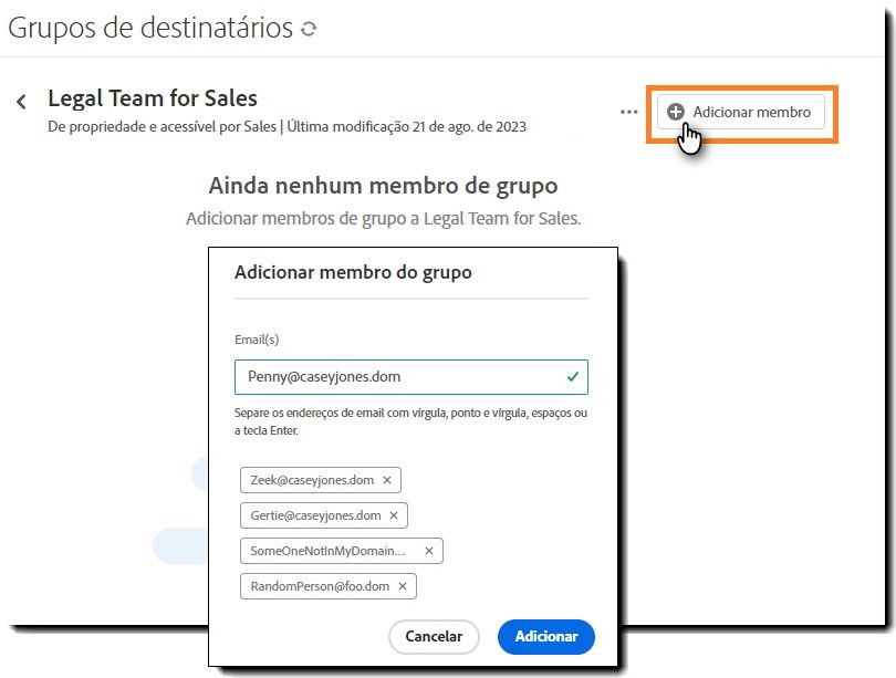 A página vazia do grupo de destinatários com o painel Adicionar membro do grupo exposto