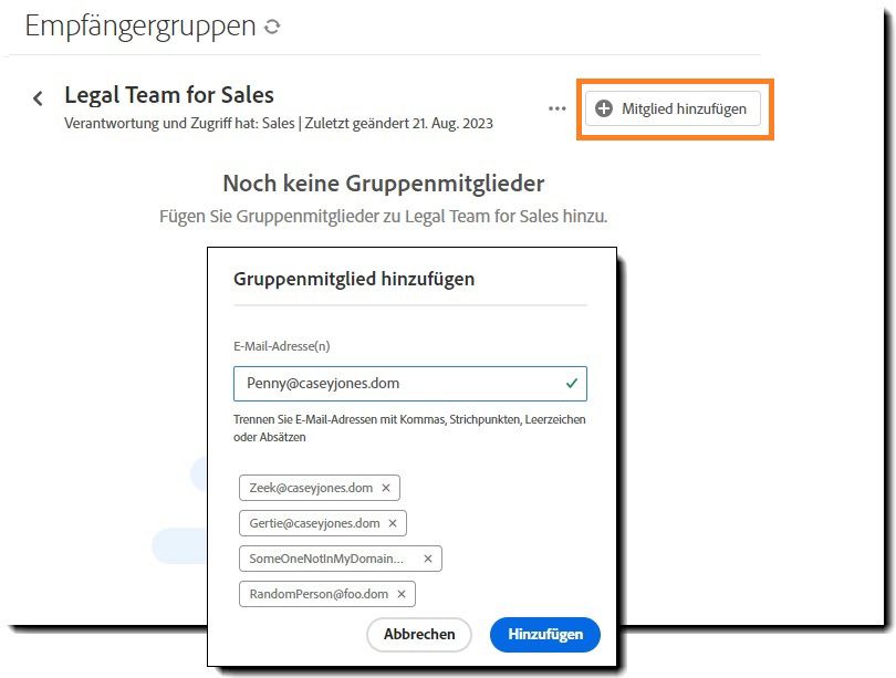 Die leere Seite „Empfangsgruppe“, der Bereich „Gruppenmitglied hinzufügen“ ist hervorgehoben