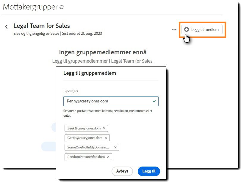 Den tomme mottakergruppesiden med Legg til gruppemedlem-panelet synlig