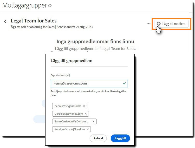 Den tomma mottagargruppsidan med panelen Lägg till gruppmedlem synlig