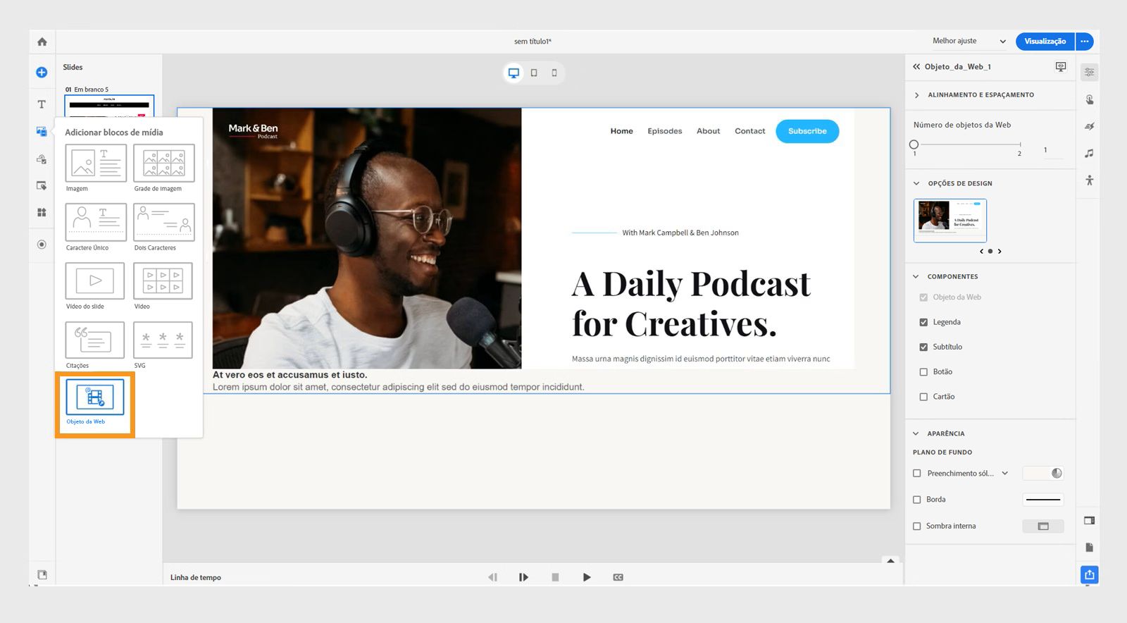 Adicionar um objeto da Web a um slide