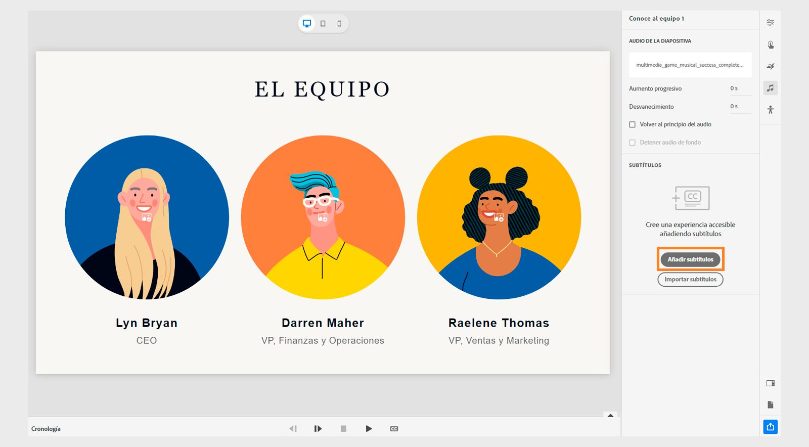 Imagen que muestra cómo añadir subtítulos para el audio de una diapositiva