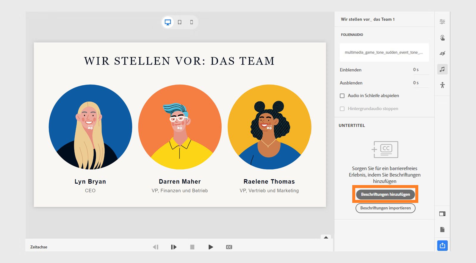 Dieses Bild zeigt, wie Untertitel für ein Folienaudio hinzugefügt werden