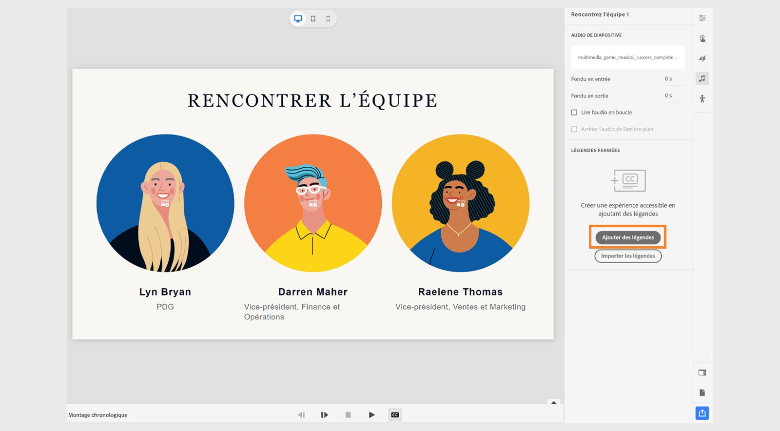 Image illustrant la procédure pour ajouter des sous-titres aux données audio d’une diapositive.