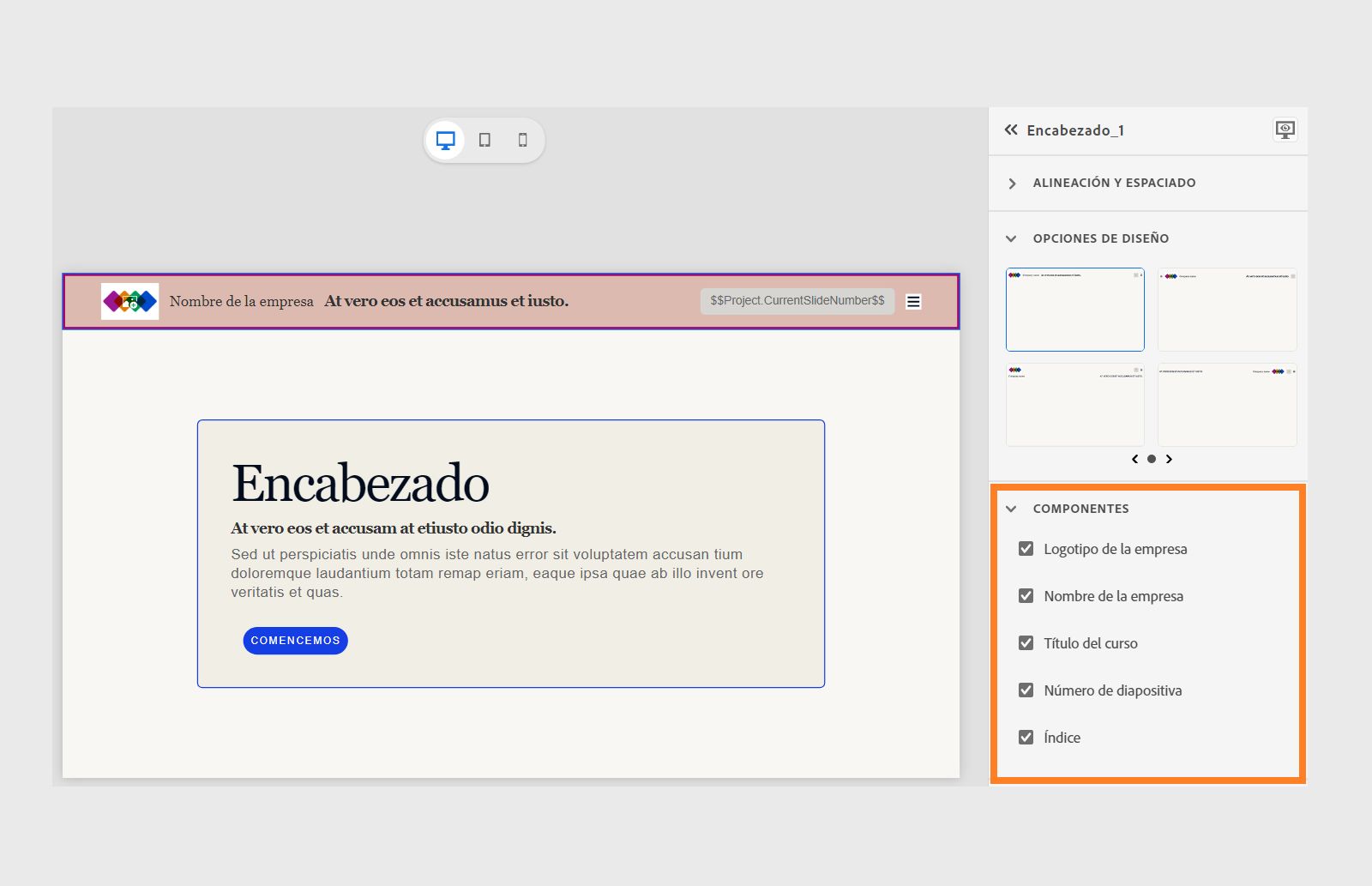 Añadir los componentes de un encabezado