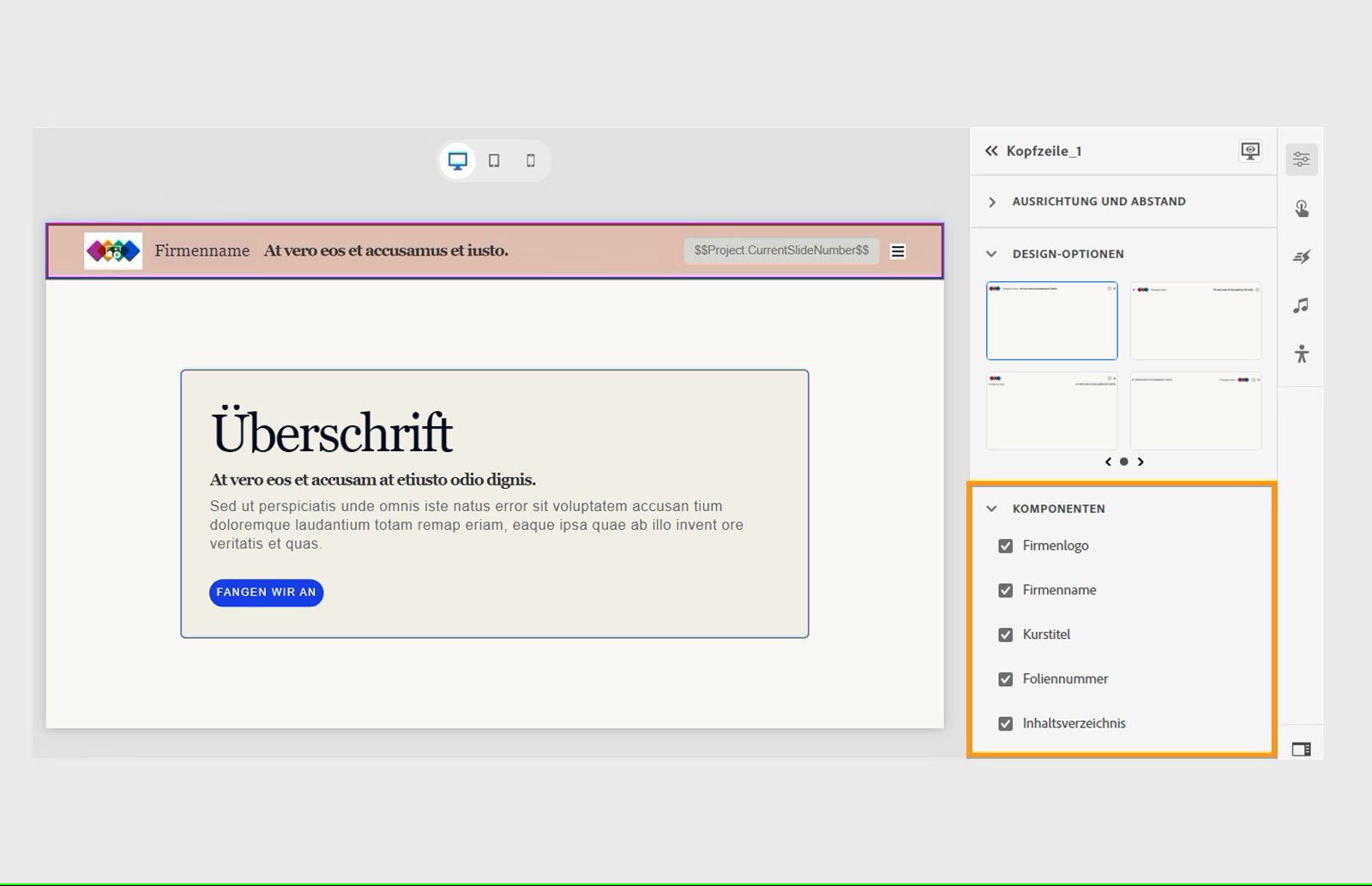 Hinzufügen der Komponenten einer Kopfzeile