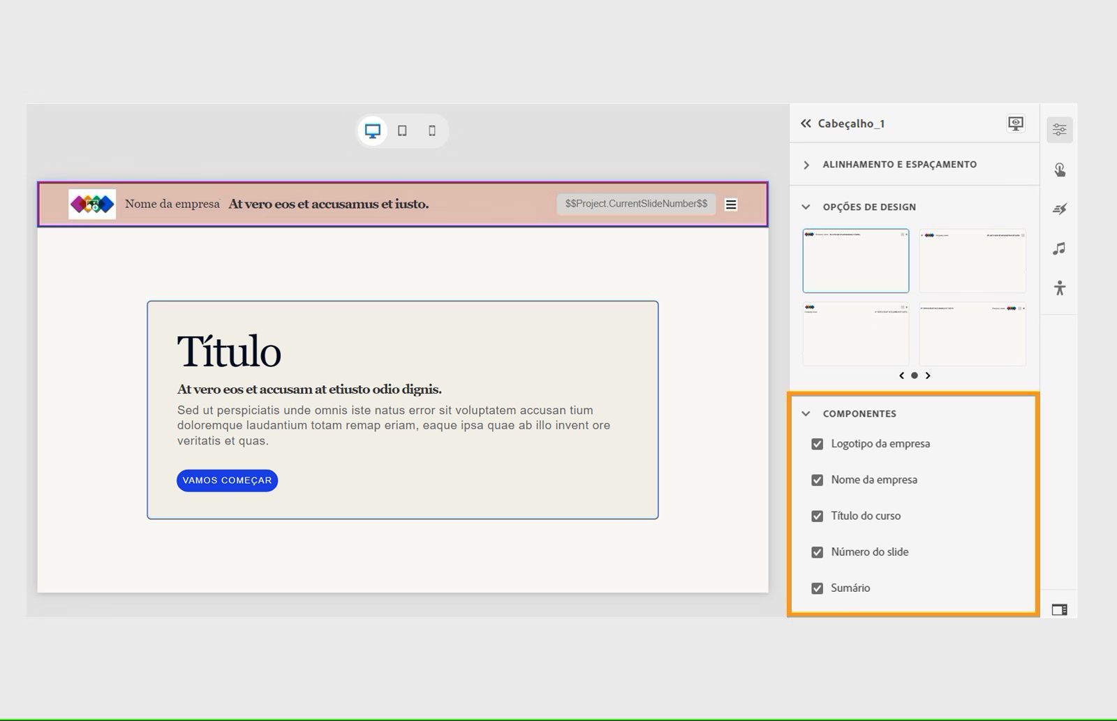 Adicionar os componentes de um cabeçalho