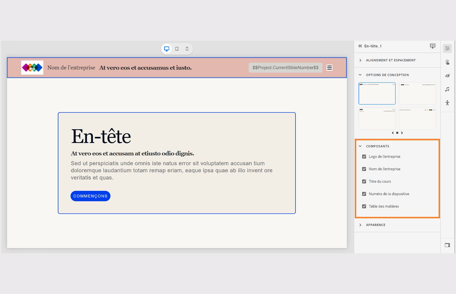 Ajout des composants d’un en-tête
