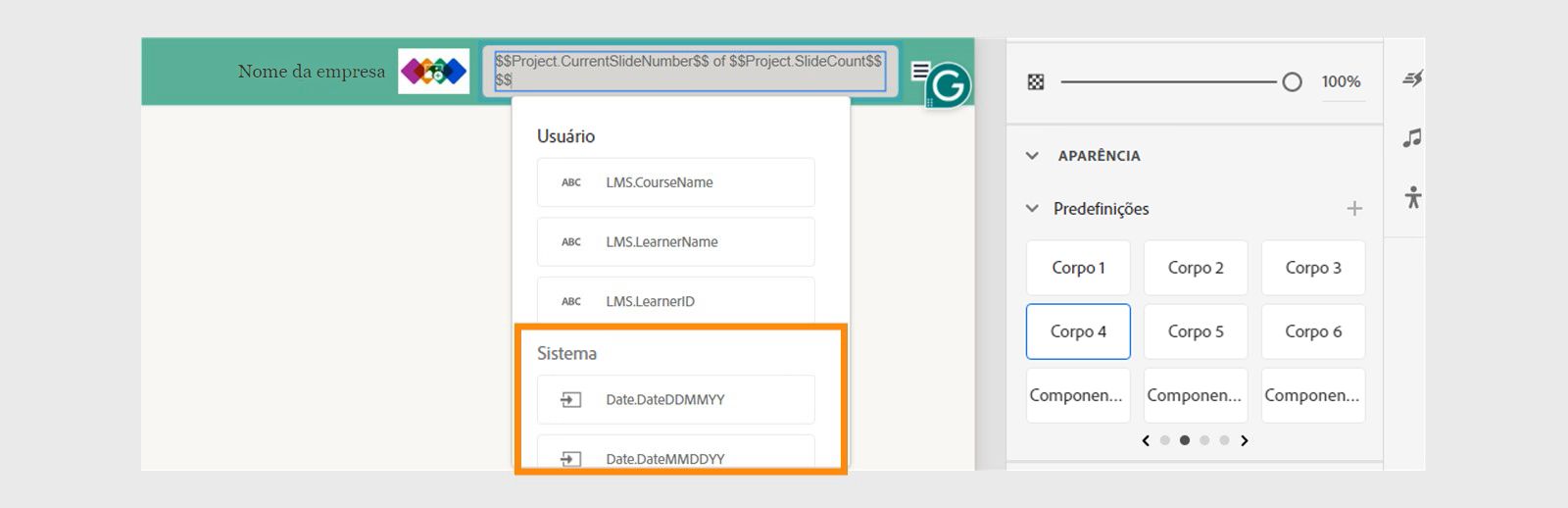 Adicionar uma variável de data em um cabeçalho