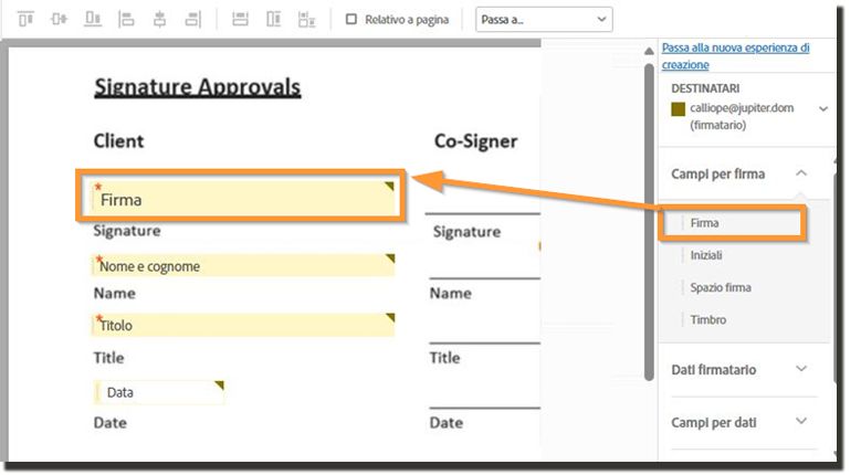 Ambiente di authoring in cui sono evidenziati i campi firma