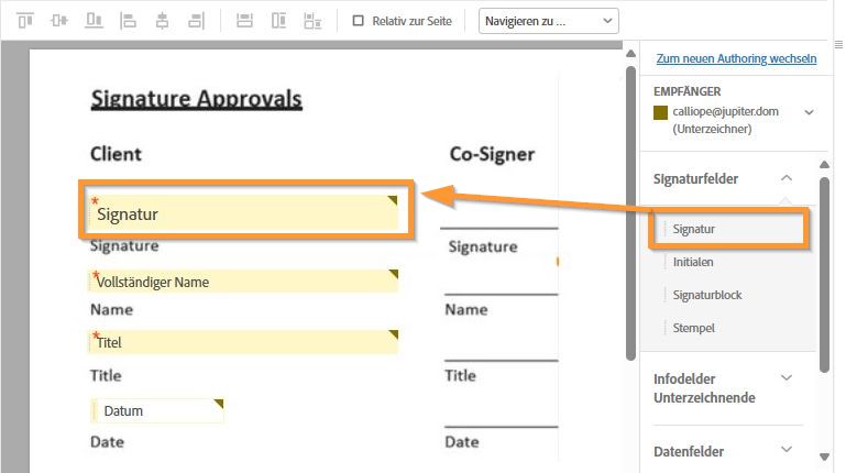 Die Authoring-Umgebung mit hervorgehobenen Signaturfeldern