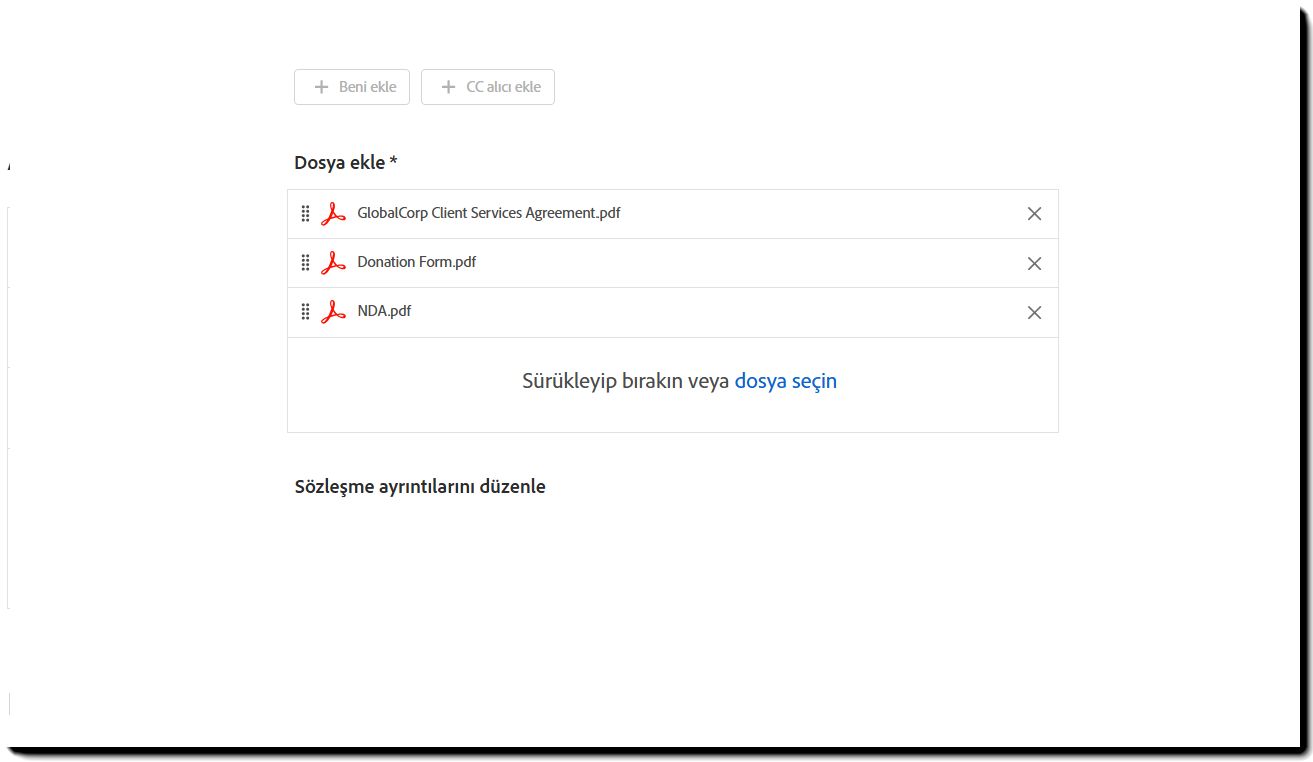 &quot;Dosya ekle&quot; bölümü vurgulanmış Toplu Halde Gönder şablonu