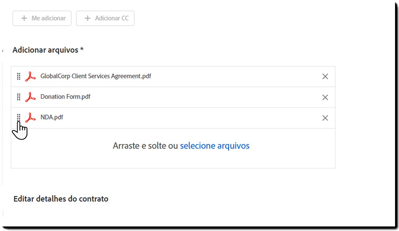 O modelo Enviar em Massa com a seção &quot;Adicionar arquivos&quot; destacada