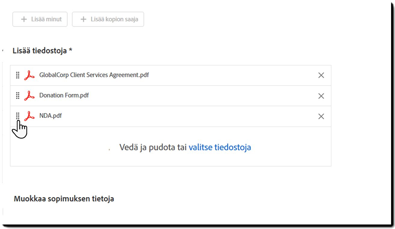 Erälähetys-malli, jossa &quot;Lisää tiedostoja&quot; -osio on korostettuna