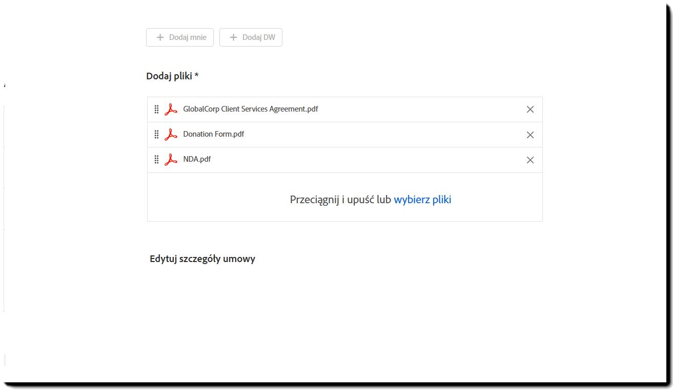 Szablon Wyślij zbiorczo z wyróżnioną sekcją &quot;Dodaj pliki&quot;