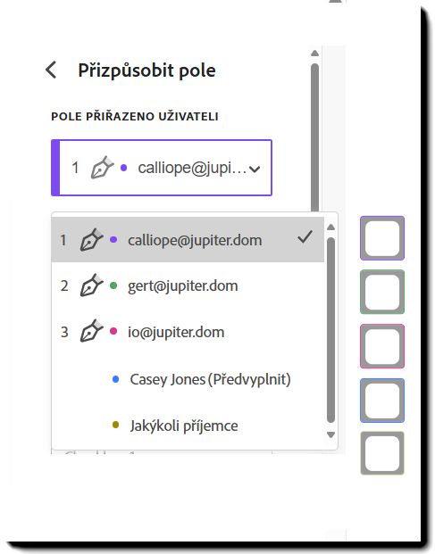 Část vlastností pole Pole přiřazeno uživateli se třemi příjemci a třemi příkladovými poli 