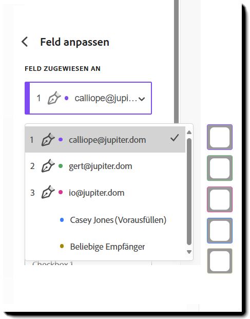 Der Abschnitt „Feld zugewiesen an“ der Feldeigenschaften mit drei Empfangenden und drei Beispielfeldern. 