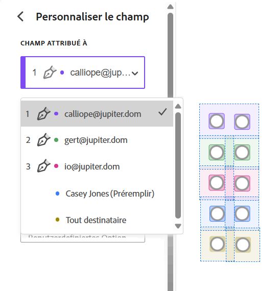 Section Champ attribué à des propriétés de champ avec trois destinataires et trois champs d’exemple 