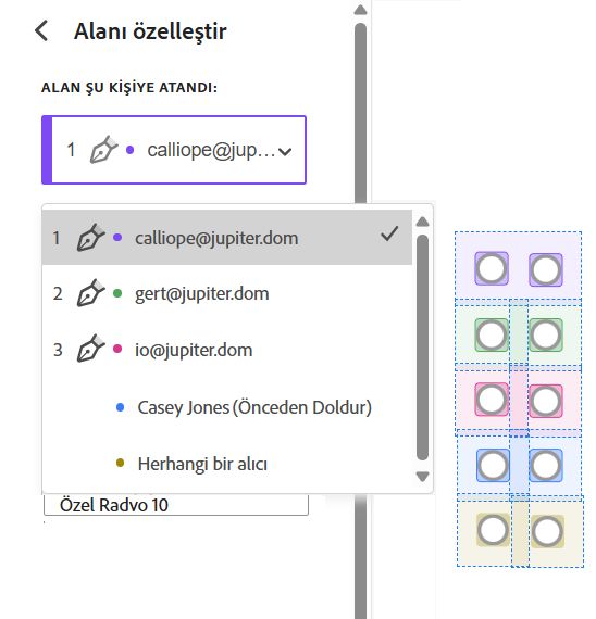 Alan özelliklerinin Alanın Atandığı Kullanıcı bölümü üç alıcı ve üç örnek alanıyla görüntüleniyor 