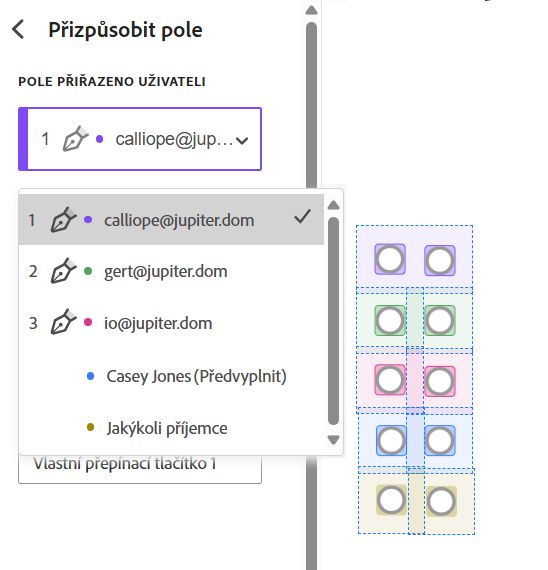 Část vlastností pole Pole přiřazeno uživateli se třemi příjemci a třemi příkladovými poli 