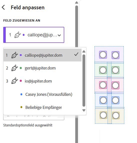 Der Abschnitt „Feld zugewiesen an“ der Feldeigenschaften mit drei Empfangenden und drei Beispielfeldern. 