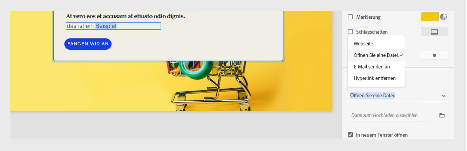 Dieses Bild zeigt, wie Sie in Captivate Texten Verknüpfungen hinzufügen