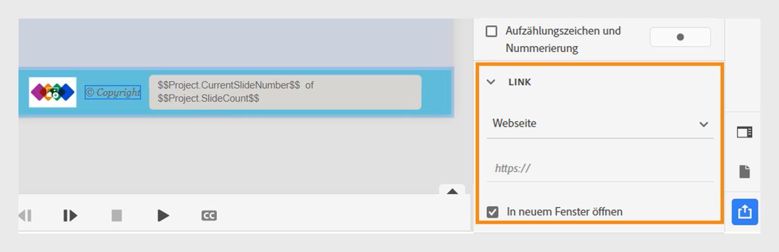 Hinzufügen von Hyperlinks in einer Fußzeile für Copyright-Informationen