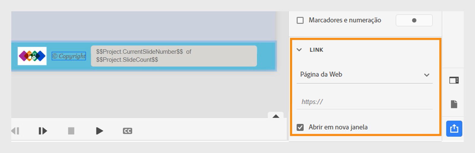 Adicionar hiperlinks em um rodapé para exibir informações de direitos autorais