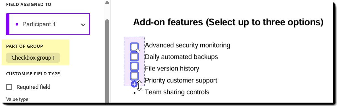 Mehrere Kontrollkästchen mit dem sichtbaren Symbol „Weitere hinzufügen"