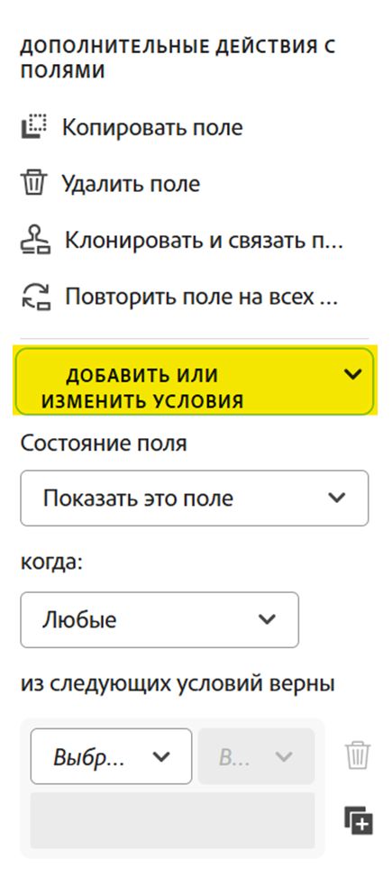 Раздел «Добавить или изменить условия» в свойствах поля.