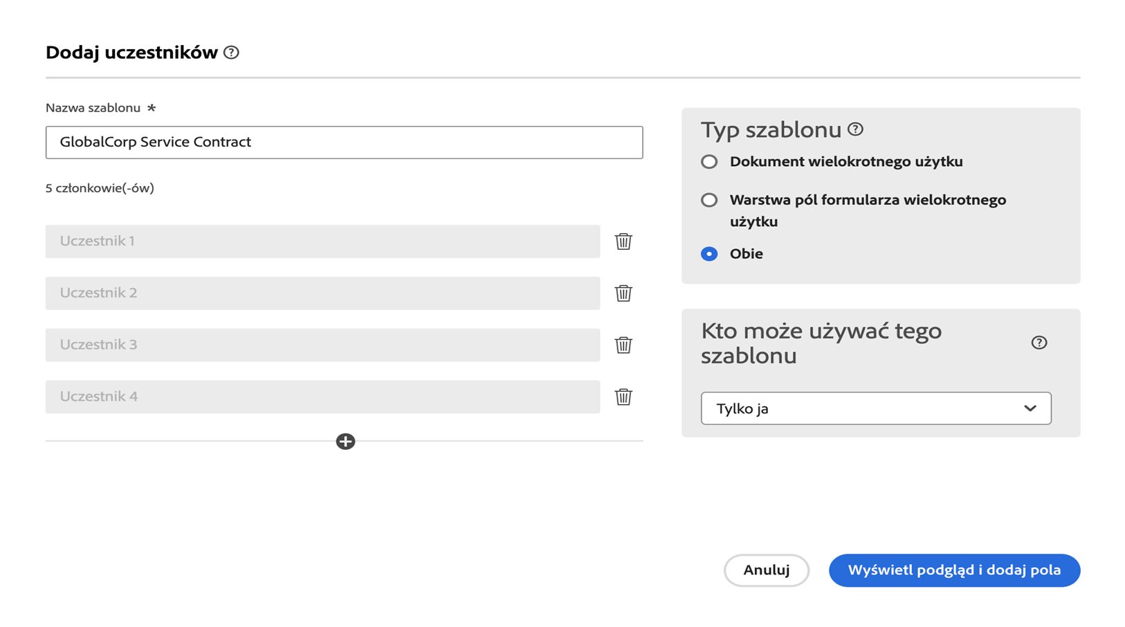Panel Dodaj uczestników z czterema dodanymi uczestnikami.