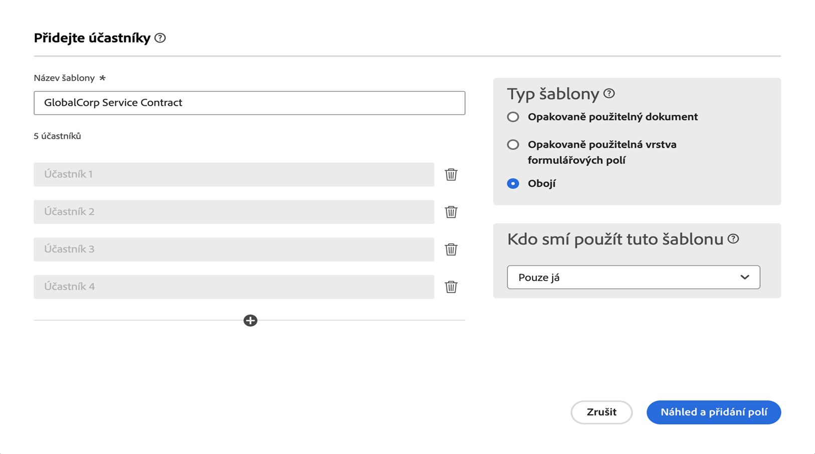 Panel Přidat účastníky se čtyřmi přidanými účastníky.