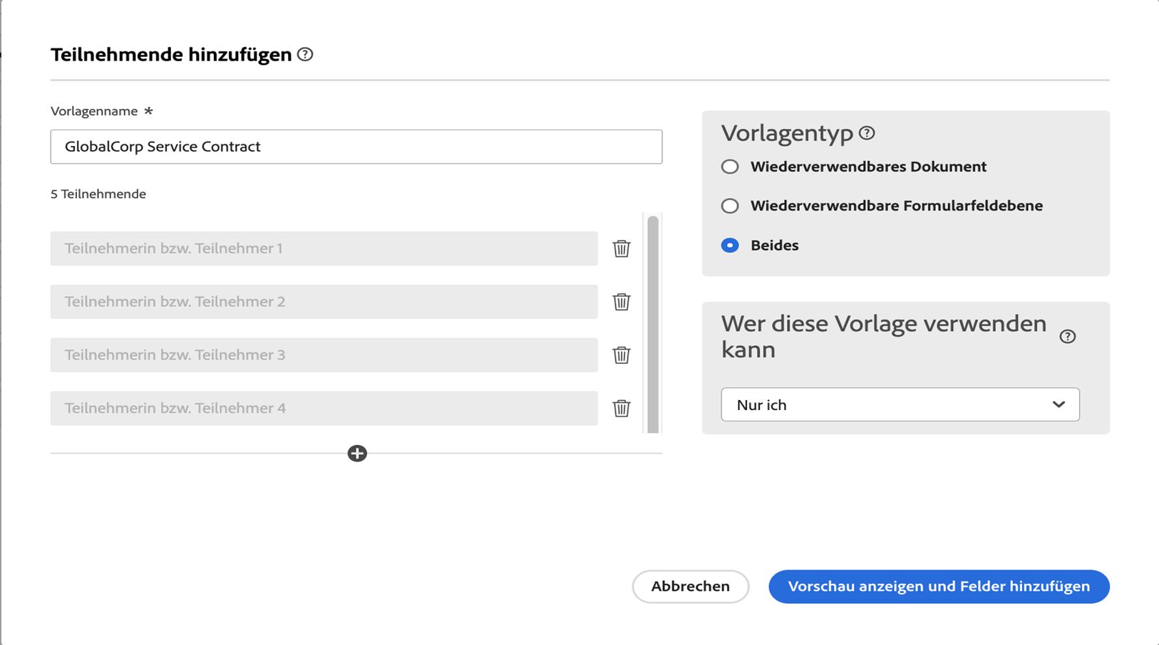 Das Fenster „Teilnehmende hinzufügen“ mit vier hinzugefügten Teilnehmenden.