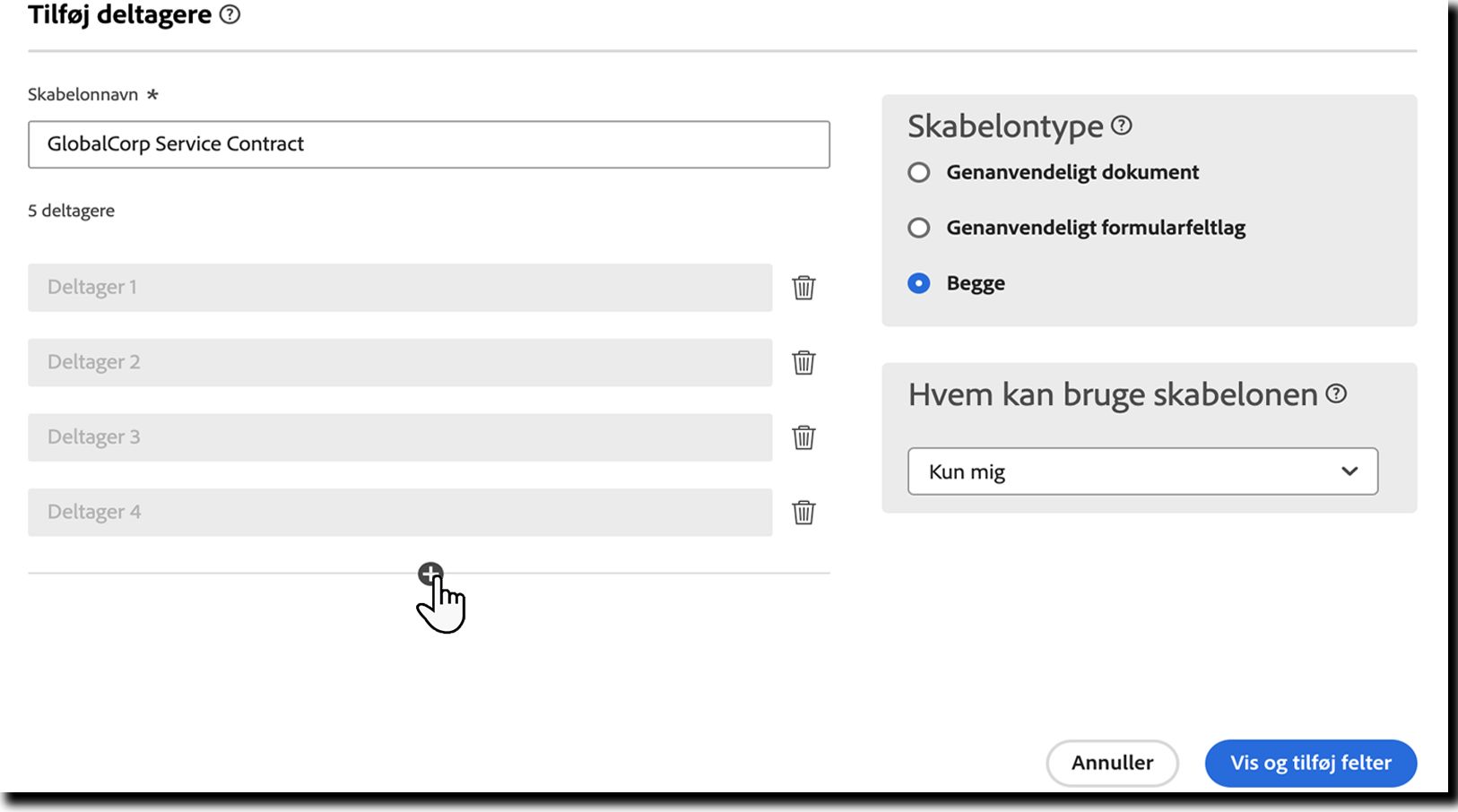 Panelet Tilføj deltagere med fire ekstra deltagere.