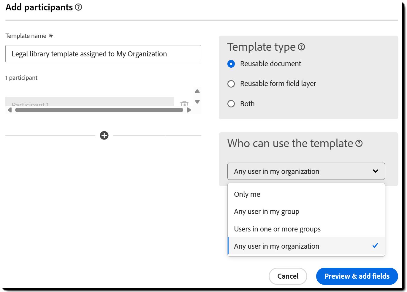 “添加参与者”叠加层，其中显示了模板属性