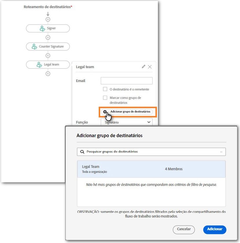 Visualização da seção Destinatários no designer de fluxo de trabalho personalizado com o destinatário aberto e o botão Adicionar grupo de destinatários realçado