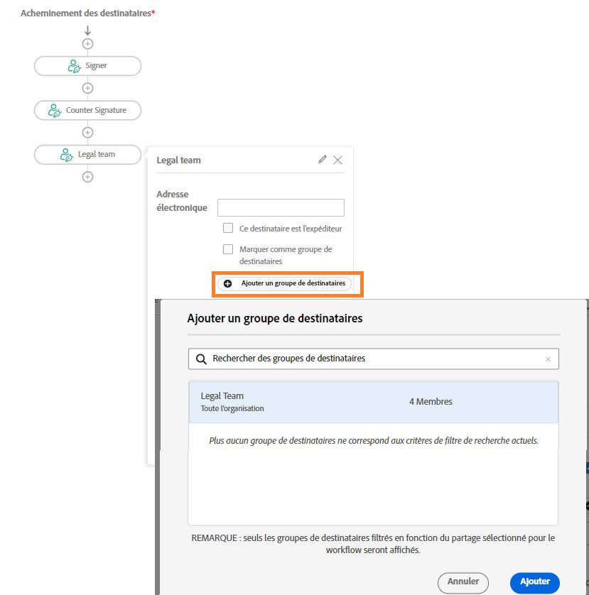 Vue de la section Destinataires du Concepteur de workflows personnalisés avec le destinataire ouvert et le bouton Ajouter un groupe de destinataires en surbrillance