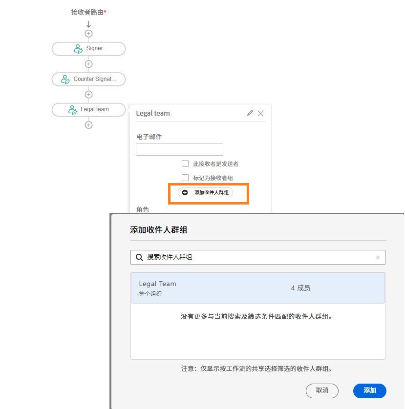 自定义工作流程设计器中的“收件人”部分视图，其中打开了收件人并突出显示了“添加收件人组”按钮