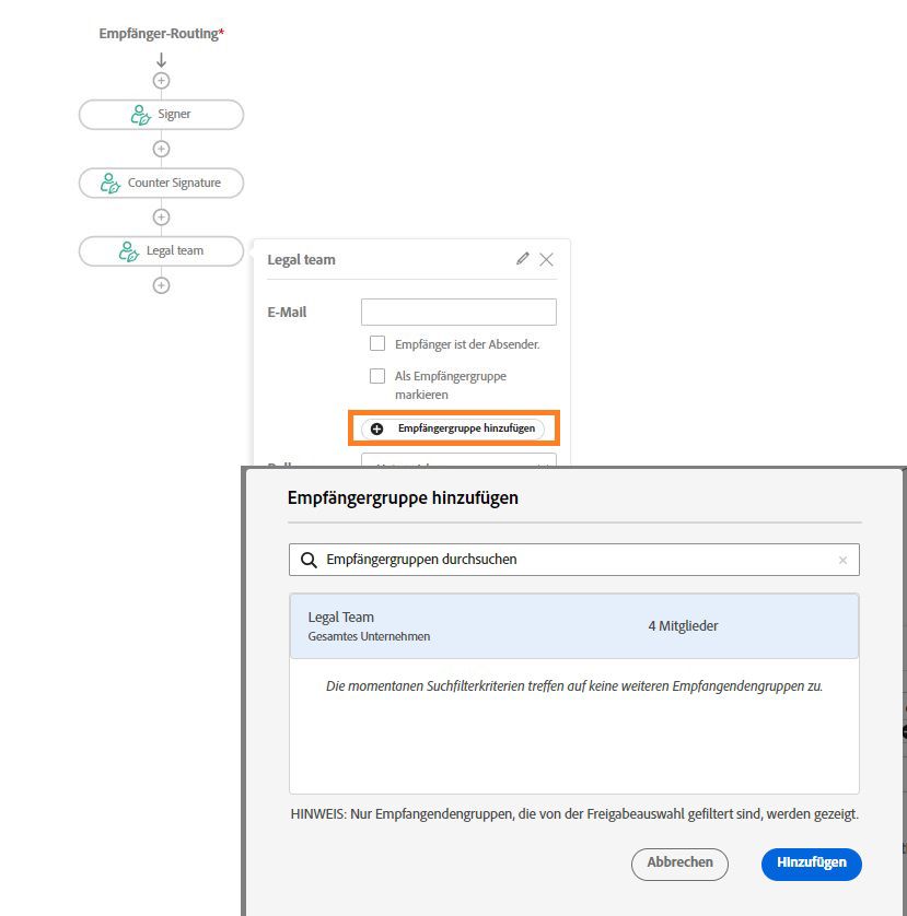 Ansicht des Abschnitts „Empfänger*innen“ im Custom Workflow Designer, die/der Empfänger*in ist geöffnet und die Schaltfläche „Empfangsgruppe hinzufügen“ ist hervorgehoben