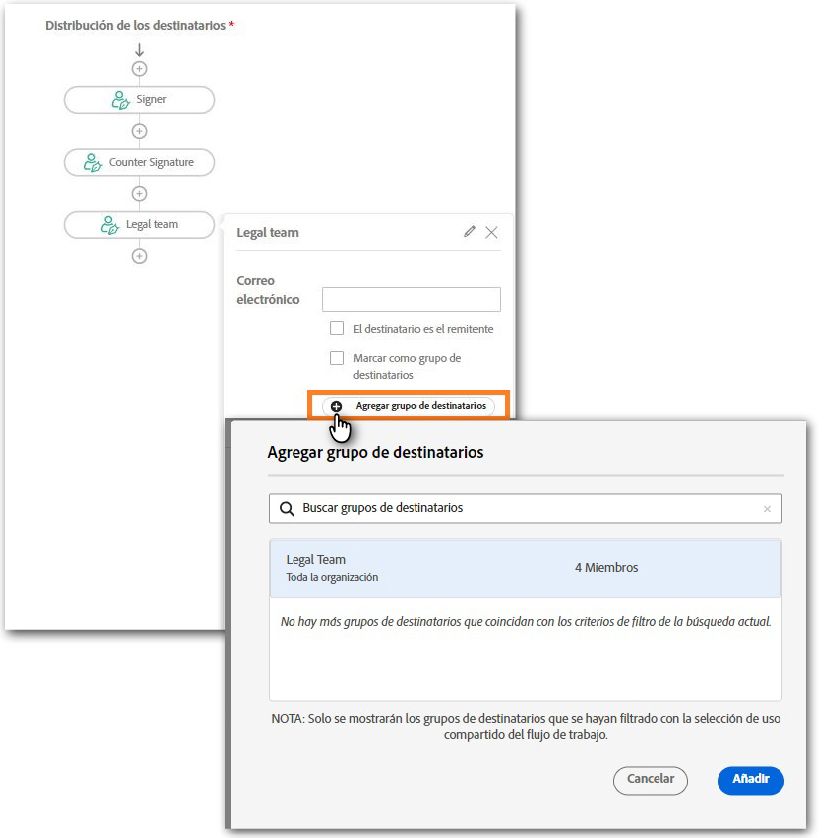 Vista de la sección Destinatarios en el diseñador de flujo de trabajo personalizado con el destinatario abierto y el botón Agregar grupo de destinatarios resaltado