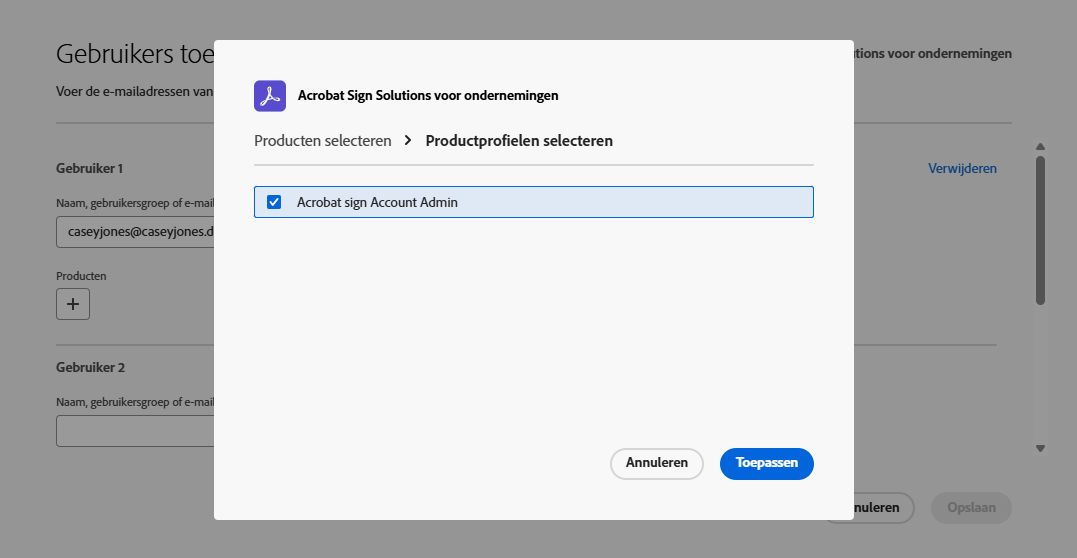 Het productmenu is uitgevouwen